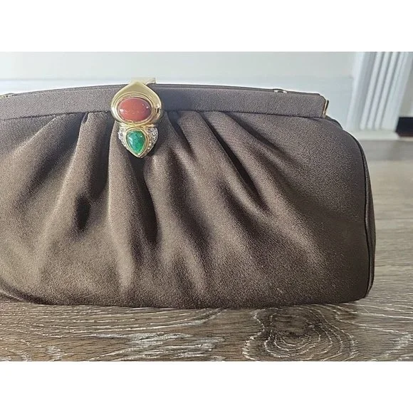 Vintage Judith Leiber Brown Fabric Clutch Crossbody Gold Chain Gemstone Clasp